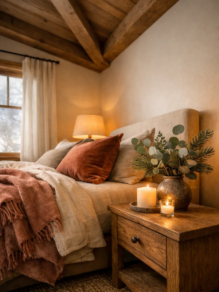Bring in touches of natural winter greens for a cozy winter bedroom with seasonal decor