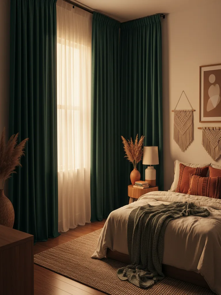 Bedroom corner featuring a velvet curtain room divider creating a separate closet space