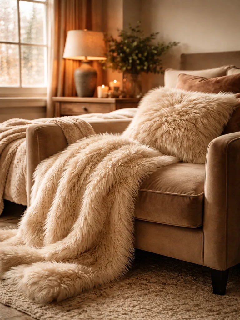 Cozy winter bedroom with faux fur throw on bed and fluffy pillows for warmth