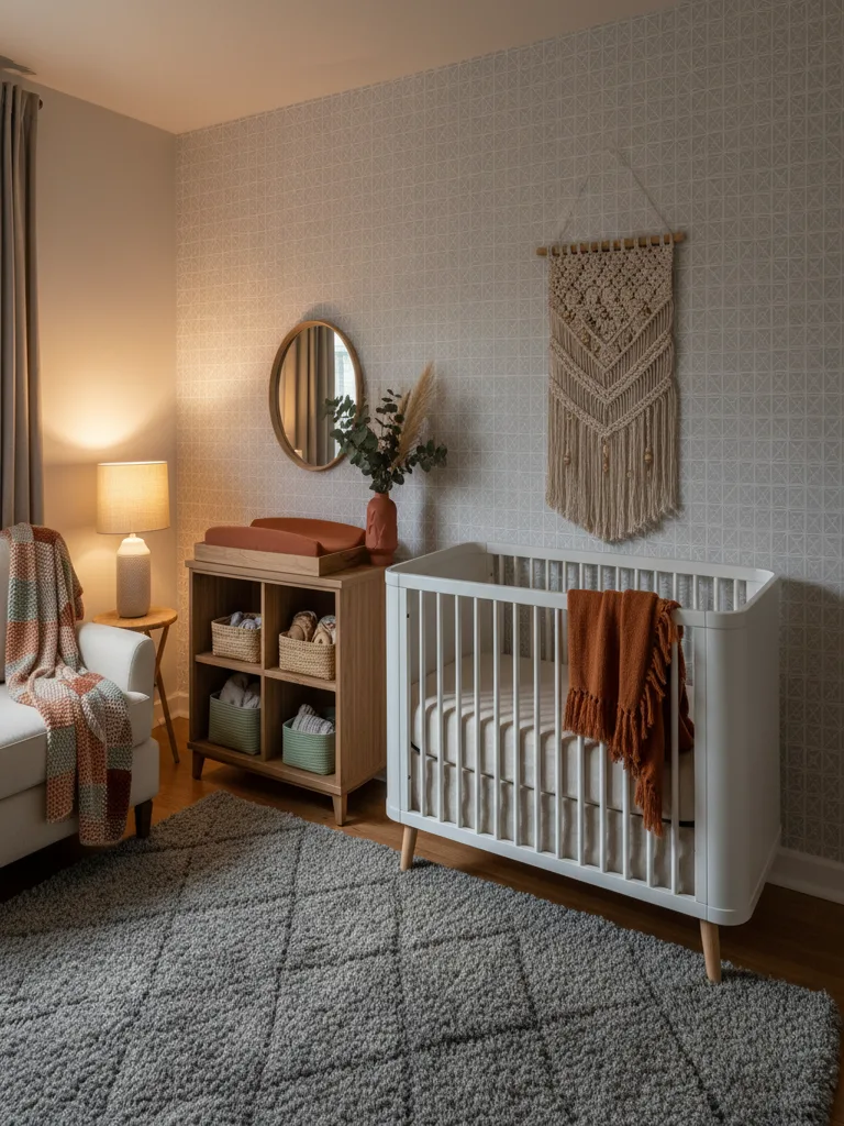Nursery with gray removable wallpaper accent wall featuring woodland animals and trees