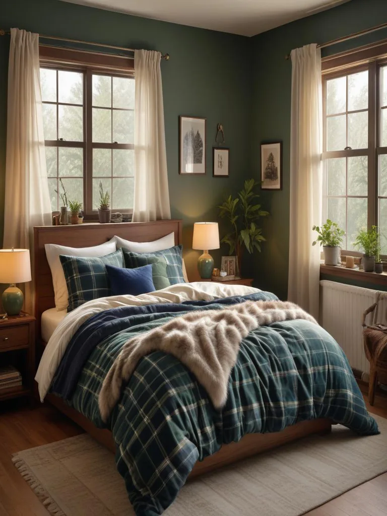 Cozy rustic cabin bedroom with plaid bedding and wooden accents
