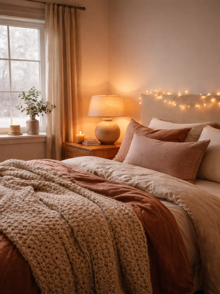 Warm string lights and soft bedside lamps create a cozy hygge atmosphere in a small bedroom.