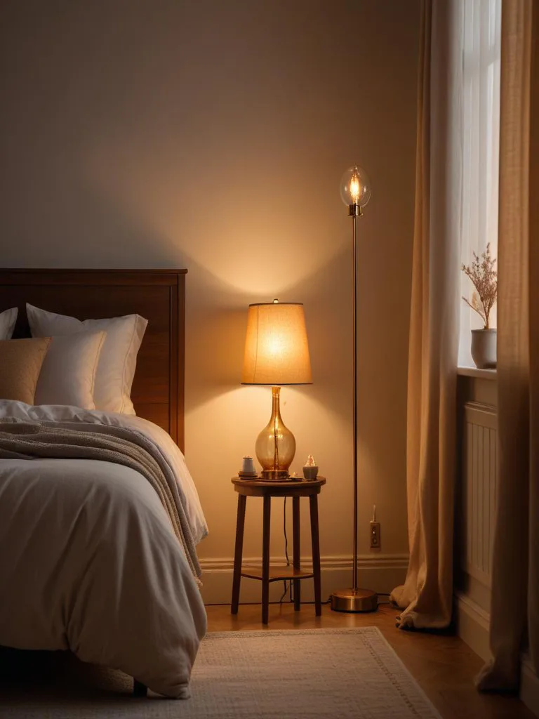 Warm string lights drape over a bed in a cozy winter bedroom with layered blankets and soft textures