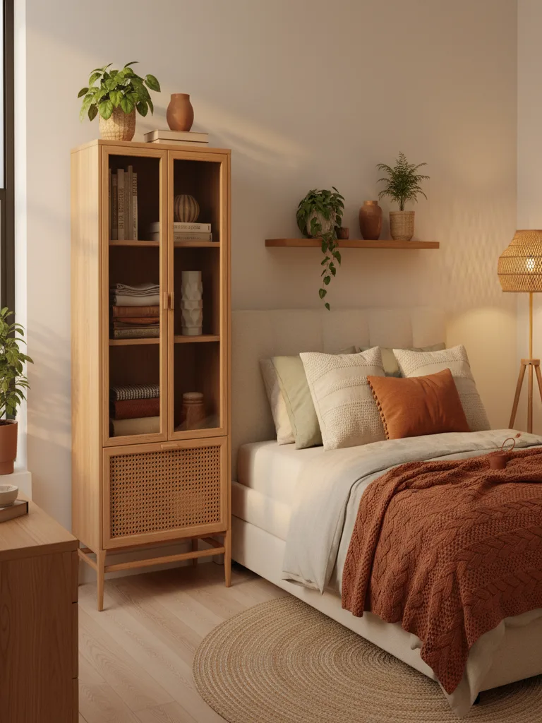 Rattan storage cabinet with woven doors and open shelving in bedroom corner