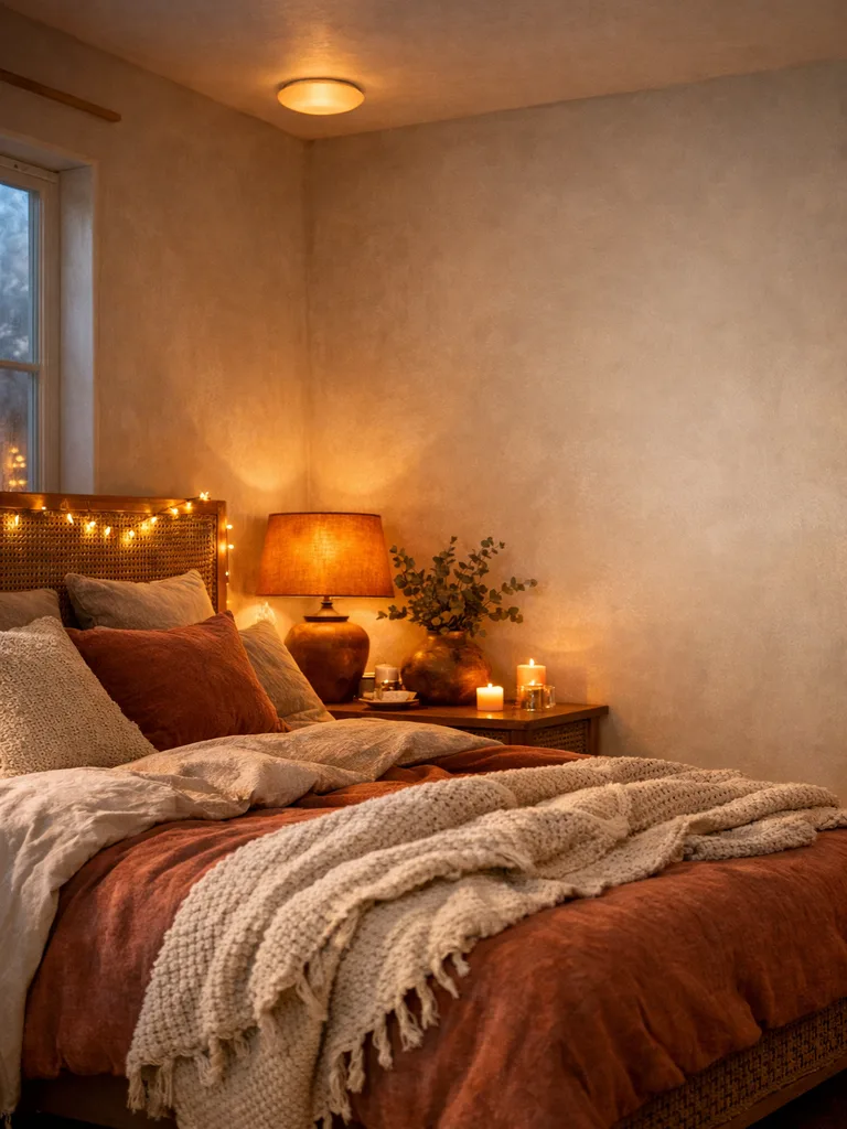 A bedroom with string lights, a warm lamp, and candles creating a cozy winter atmosphere.