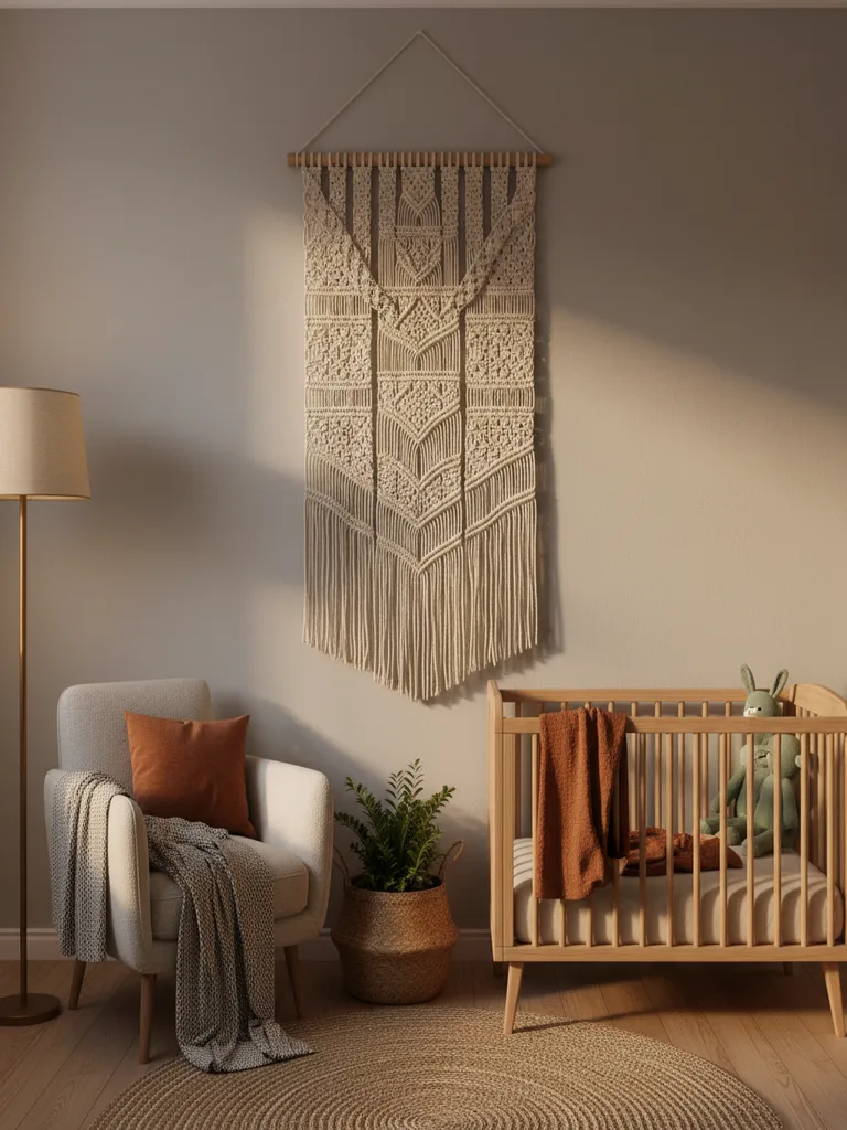 Macrame wall hanging adds texture to a cozy nursery corner with crib and soft lighting