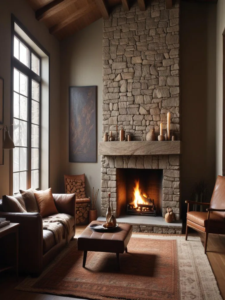 Rustic cabin bedroom with stone hearth and wooden furniture