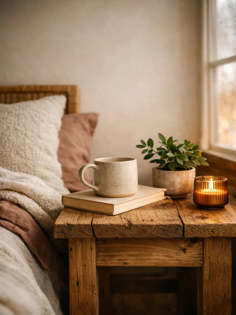Small bedroom with wooden furniture and natural textures creating a cozy hygge atmosphere