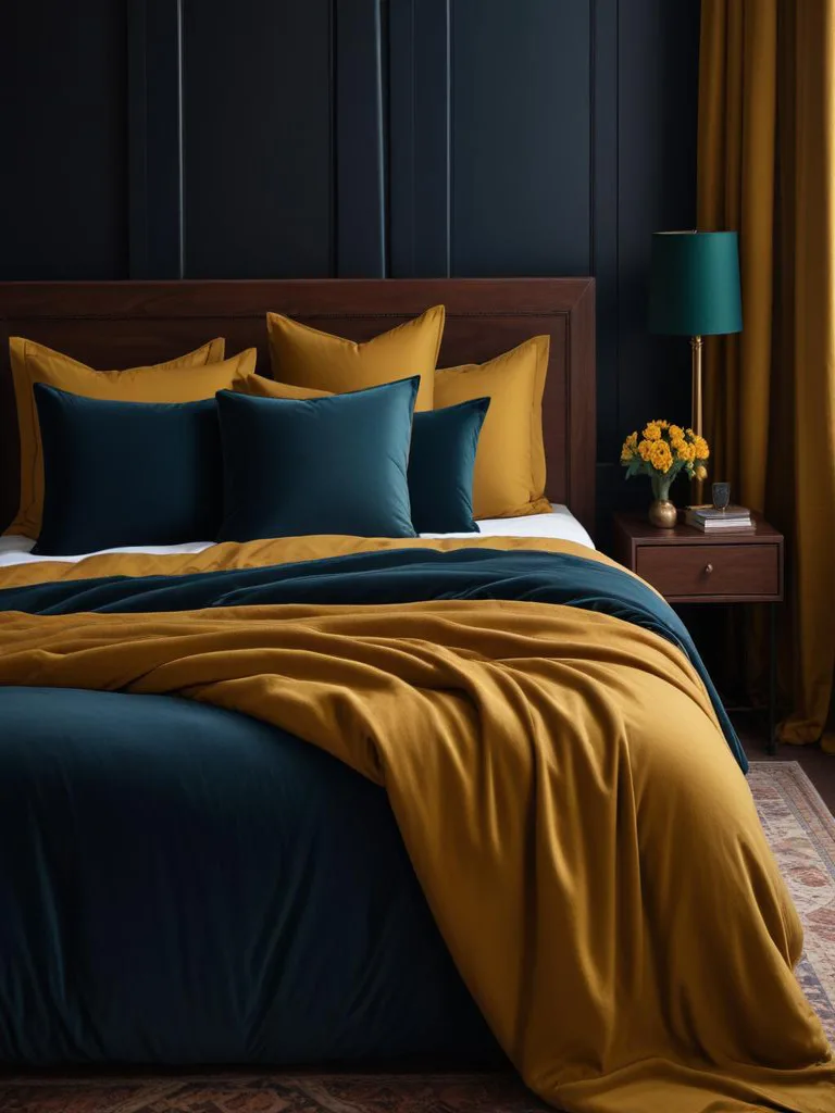 Winter bedroom with deep jewel tones featuring emerald green velvet headboard and navy blue walls creating a cozy retreat