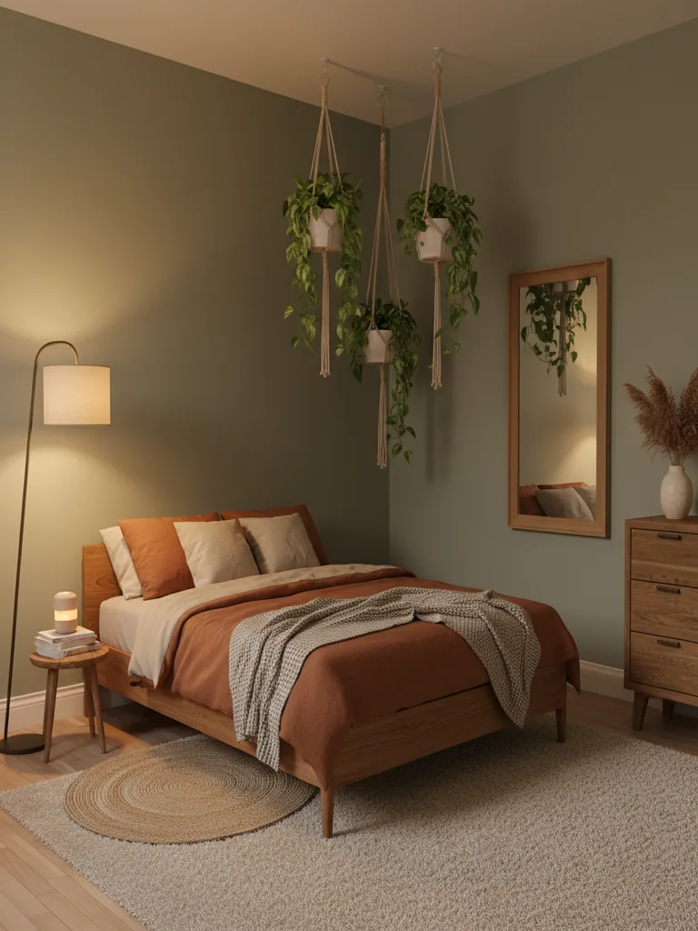 Hanging macramé plant holders in a corner closet with lush green trailing plants