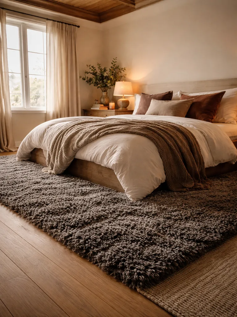 Plush area rugs in a cozy winter bedroom create warmth underfoot
