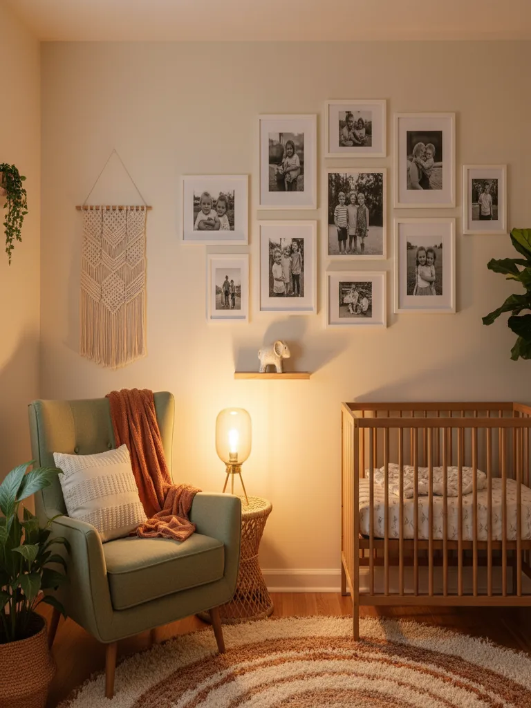 Gallery wall of family photos above a crib with stuffed animals and a rocking chair nearby