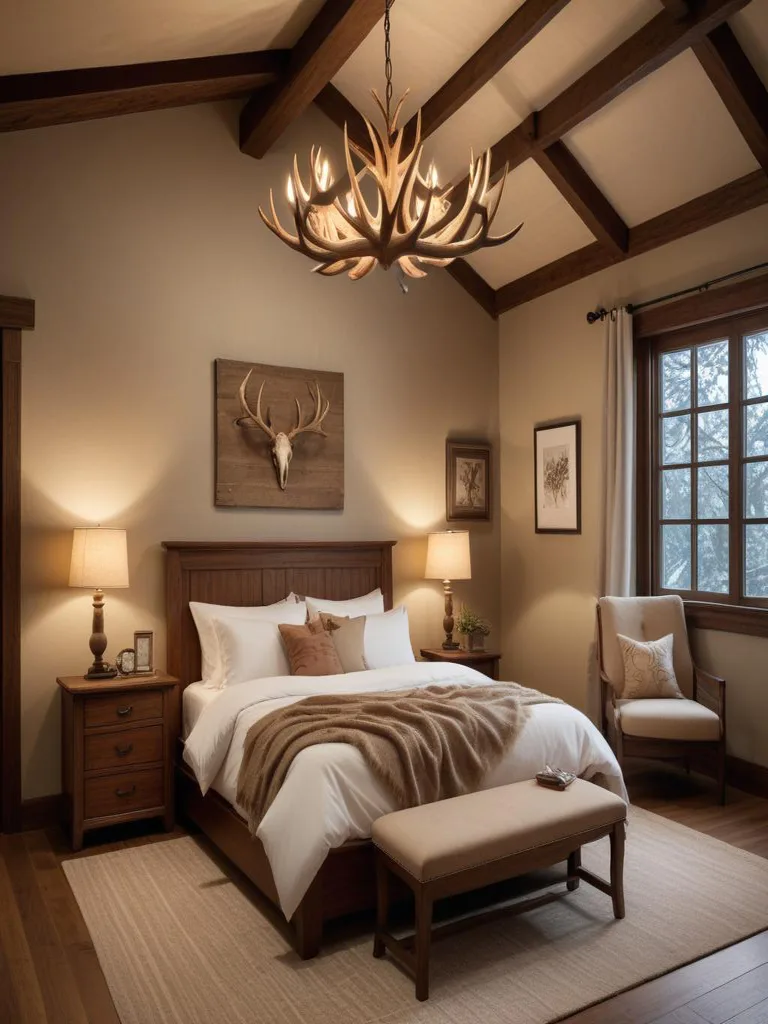 Rustic cabin bedroom featuring antler chandelier and wooden bed frame