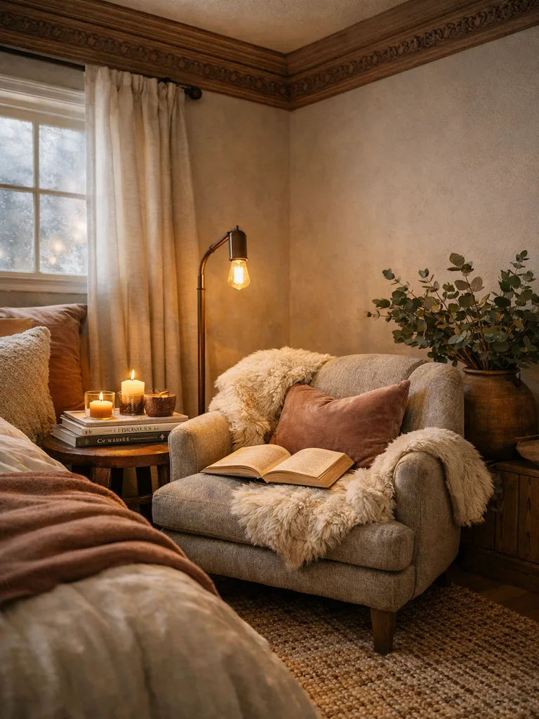 Carve out a comforting corner with soft pillows and warm lighting for quiet reflection in a small bedroom