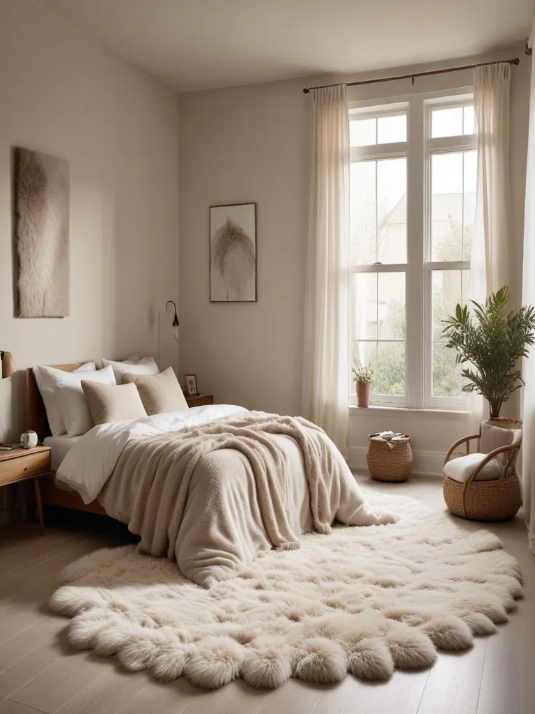 Soft fluffy rug on bedroom floor for cozy winter warmth and comfort underfoot