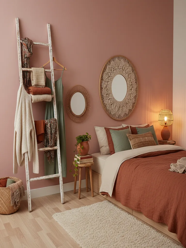 Vintage wooden ladder repurposed as a clothes rack in a bedroom corner