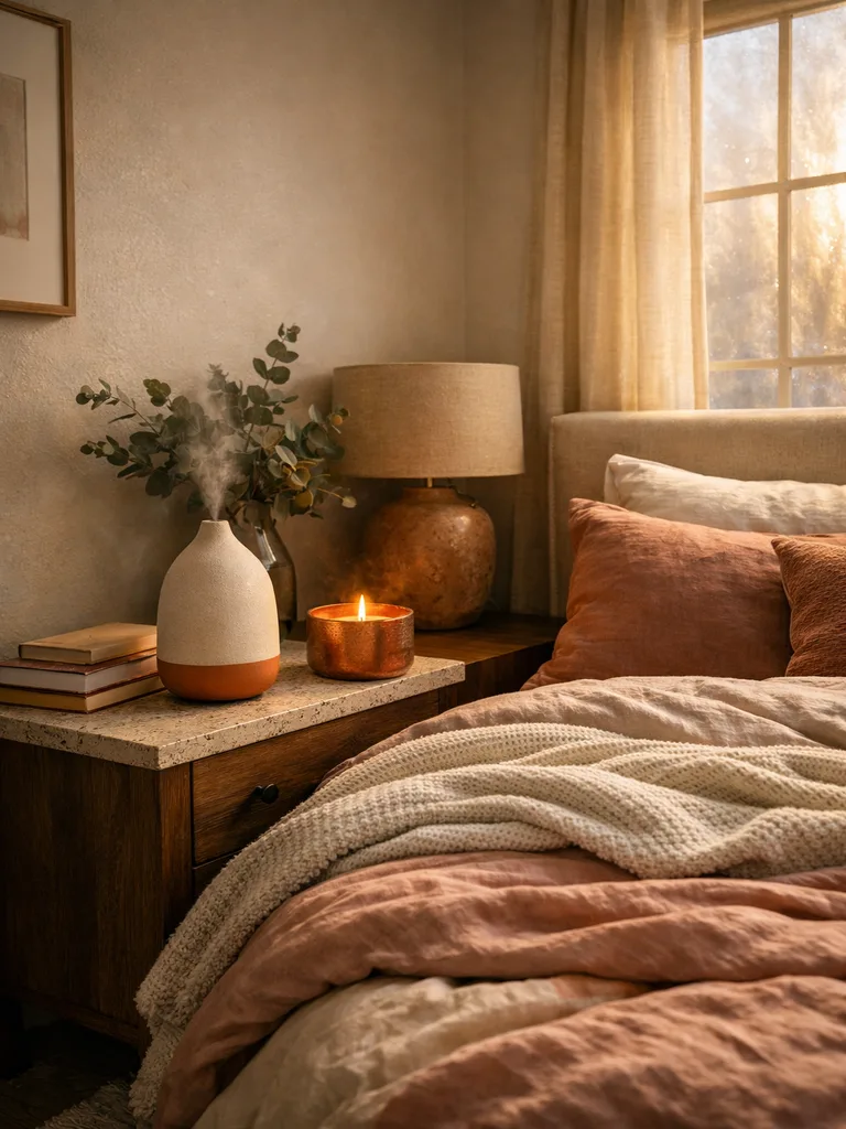 A cozy winter bedroom with candles and essential oils creating a warm, inviting atmosphere.