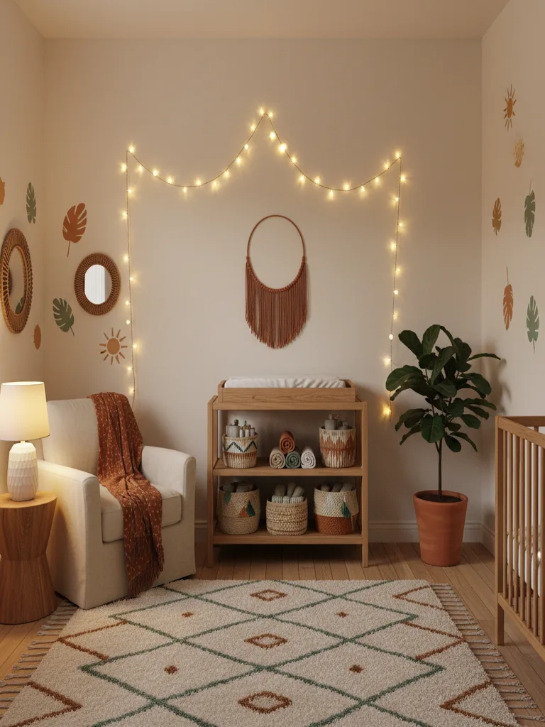 Cozy nursery with soft string lights draped across ceiling creating warm glow