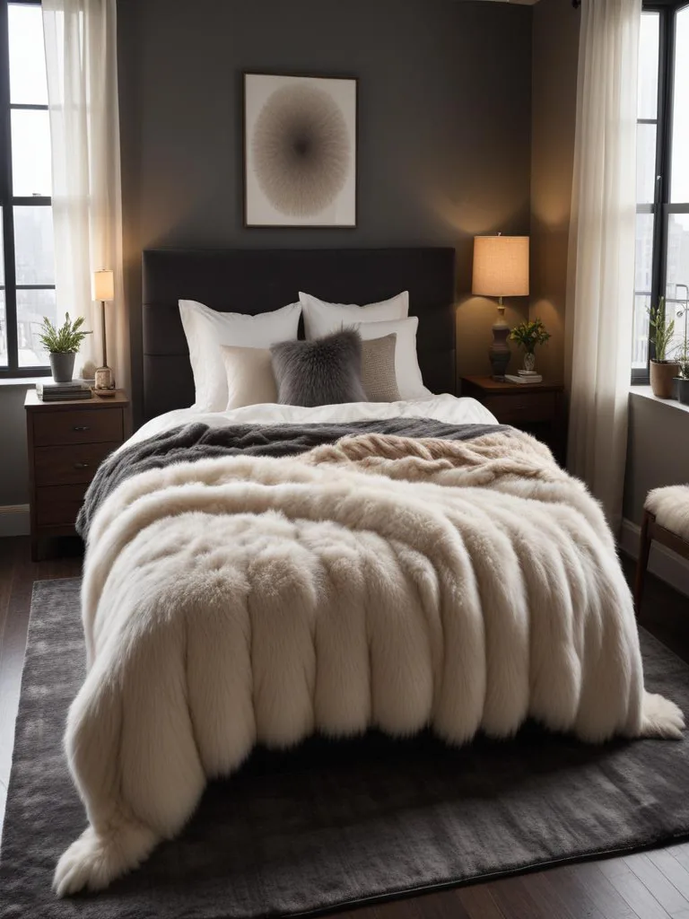 Cozy rustic cabin bedroom with faux fur throw on bed and warm lighting