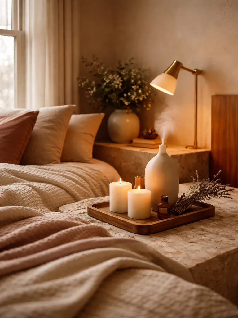 Small bedroom with hygge elements including scented candles, soft textiles, and warm lighting creating a cozy atmosphere