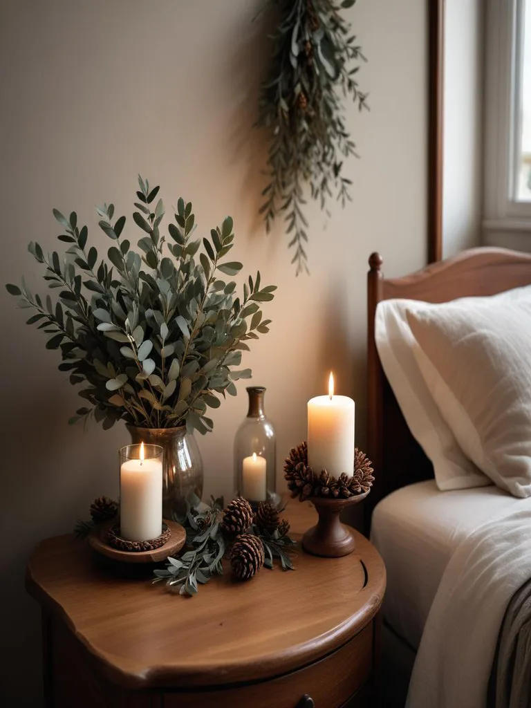 Winter bedroom decorated with pine branches, pinecones, and evergreen garland above the bed for natural seasonal charm