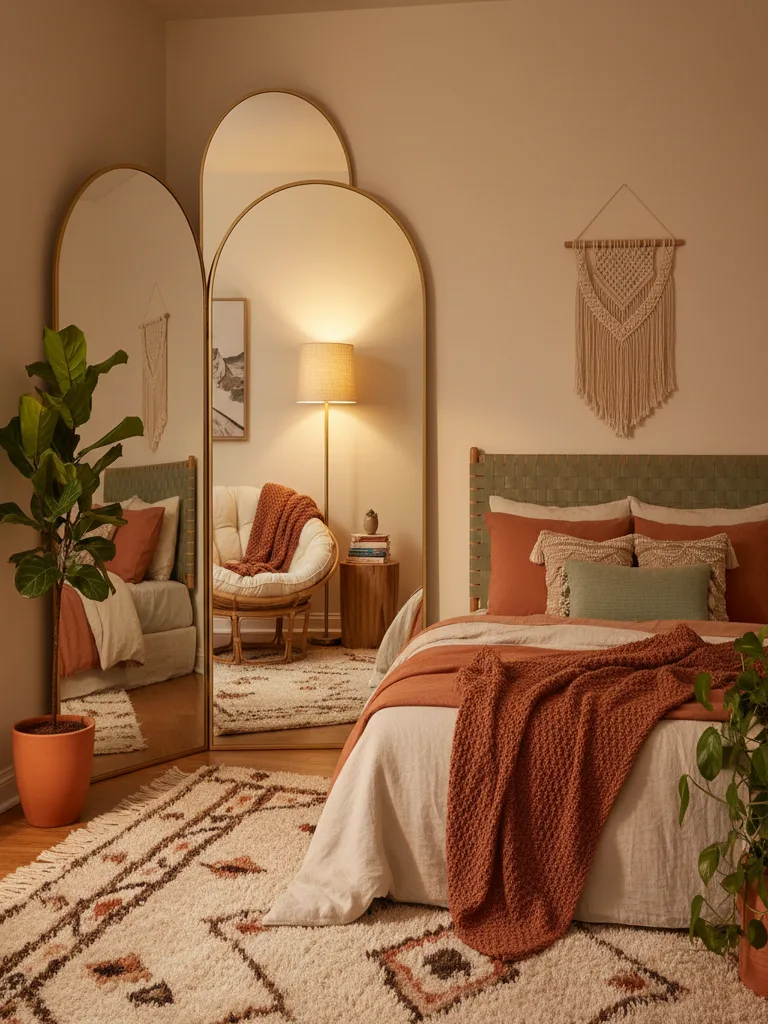 Floor-to-ceiling mirror panels in bedroom corner with sliding doors