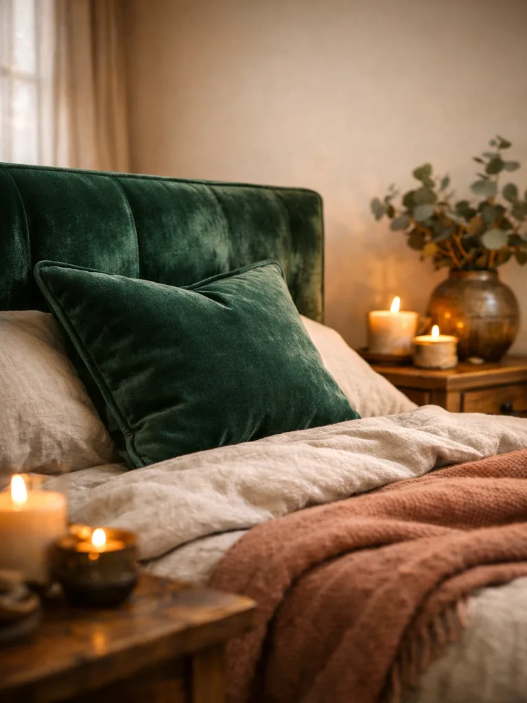 Luxurious velvet bedding in rich jewel tones creates a warm, inviting winter bedroom sanctuary