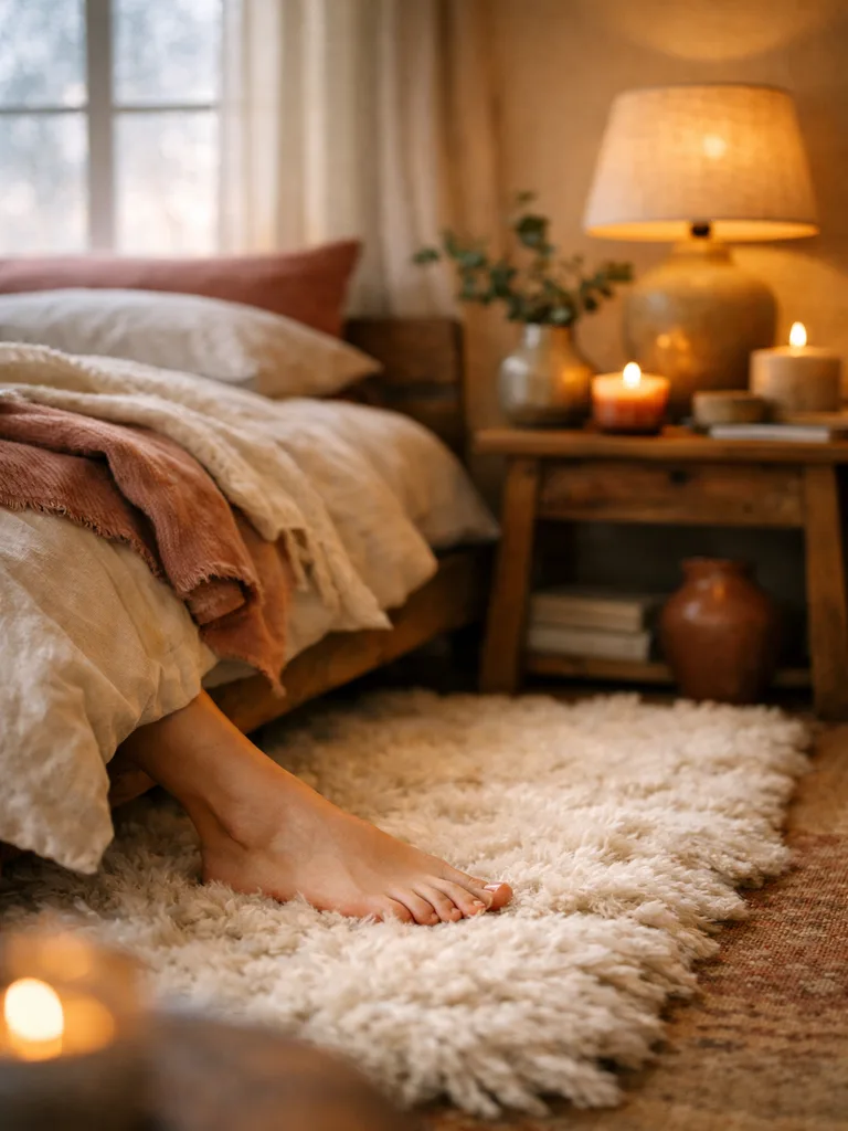 Soft plush rug in small bedroom hygge design with warm lighting and cozy textures