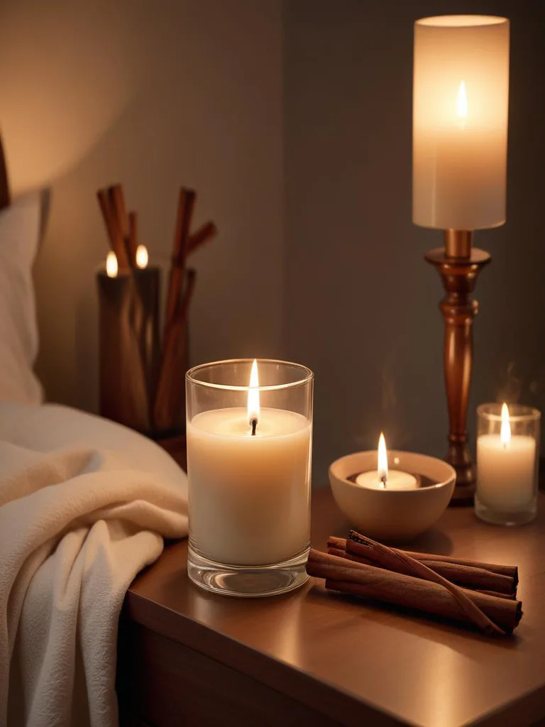 Winter bedroom with scented candles creating a warm and inviting atmosphere