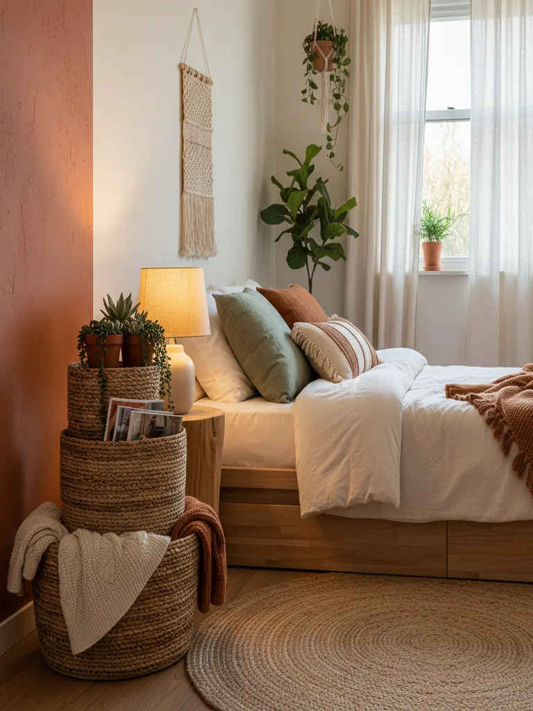 White bedroom corner with woven baskets stacked in pyramid shape creating organized storage
