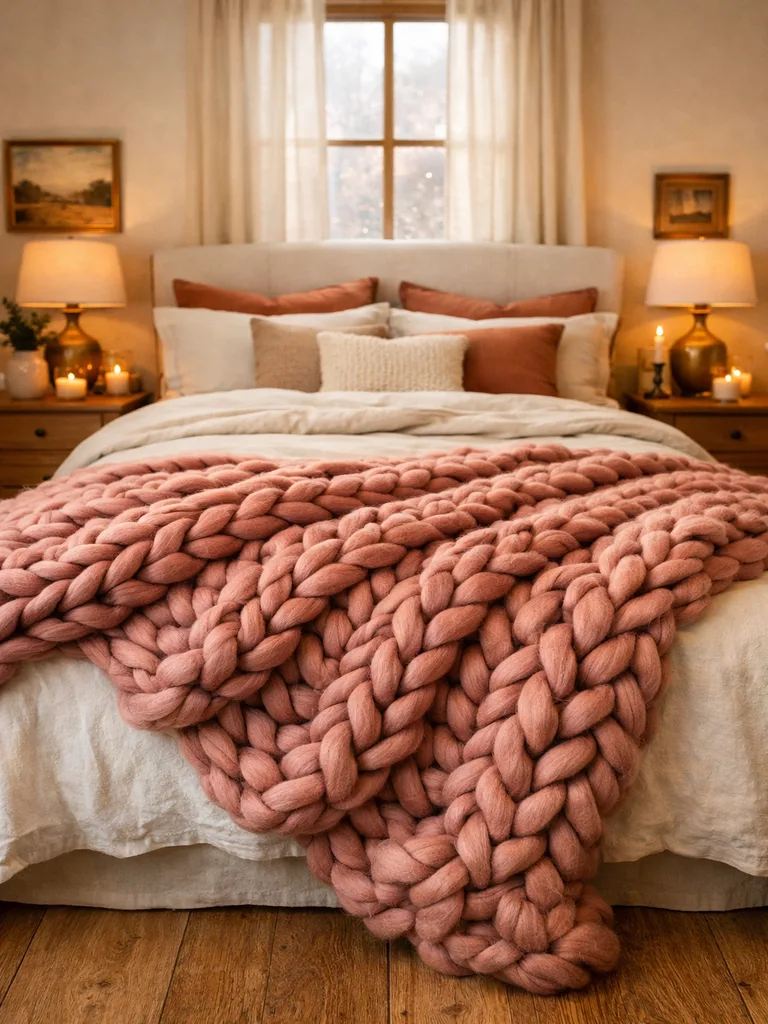 A cozy winter bedroom with chunky knit throws draped over the bed for warmth and texture