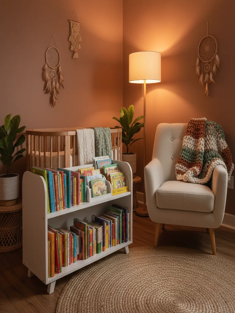 Cozy reading nook corner with plush armchair, bookshelf, and soft lighting
