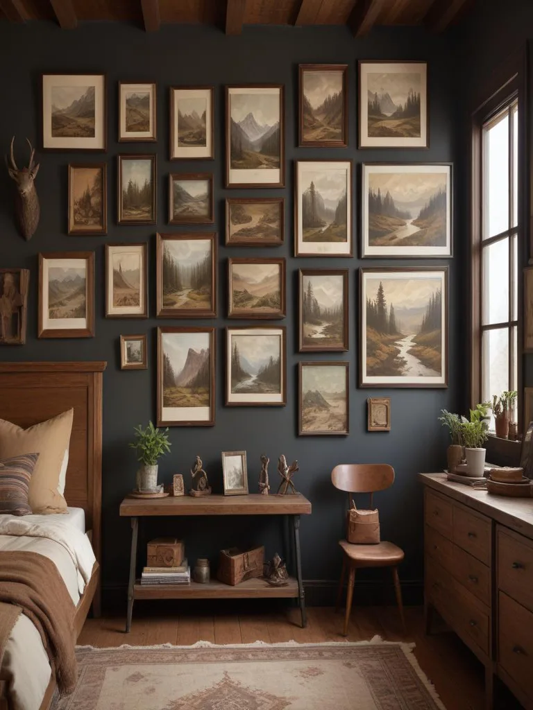 Rustic cabin bedroom with deer antlers mounted above wooden bed