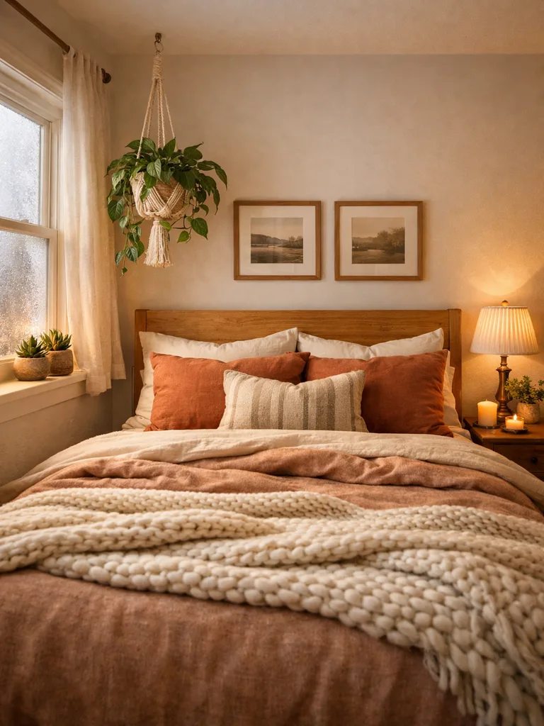 Lush green plants and a woven pendant light create a serene small bedroom hygge retreat