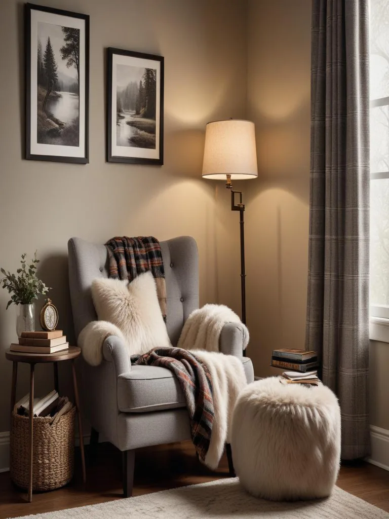 Cozy winter reading nook with plush armchair, warm throw blanket, and floor lamp beside window
