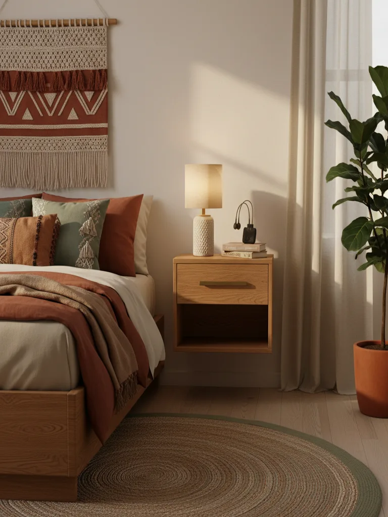 Floating nightstand with hidden storage beside corner closet in small bedroom