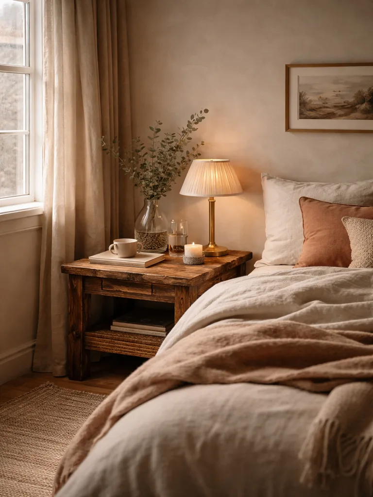 Warm winter bedroom with natural wooden elements including a wooden bed frame, nightstand, and woven rug creating a cozy a...