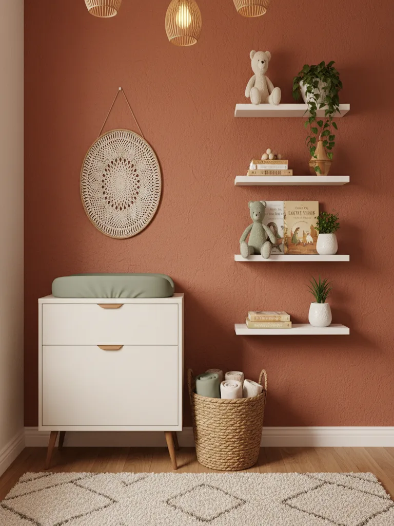 Wooden floating shelves holding books and stuffed animals above a white crib with soft blankets