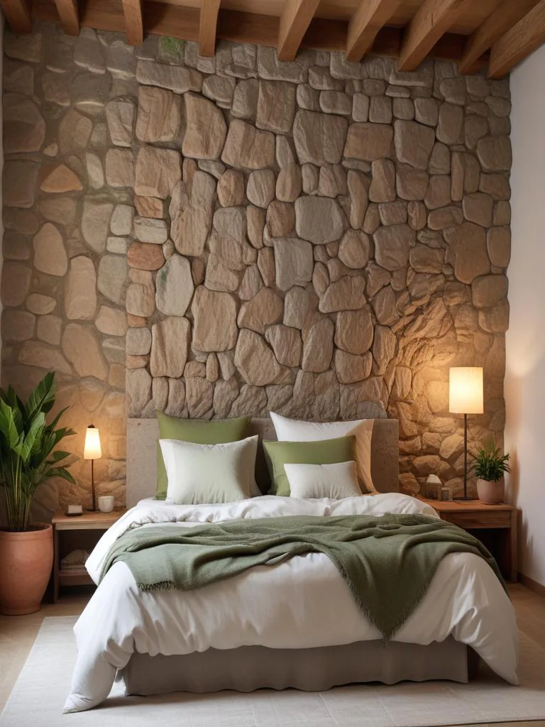 Rustic cabin bedroom with natural stone accent wall and cozy bedding