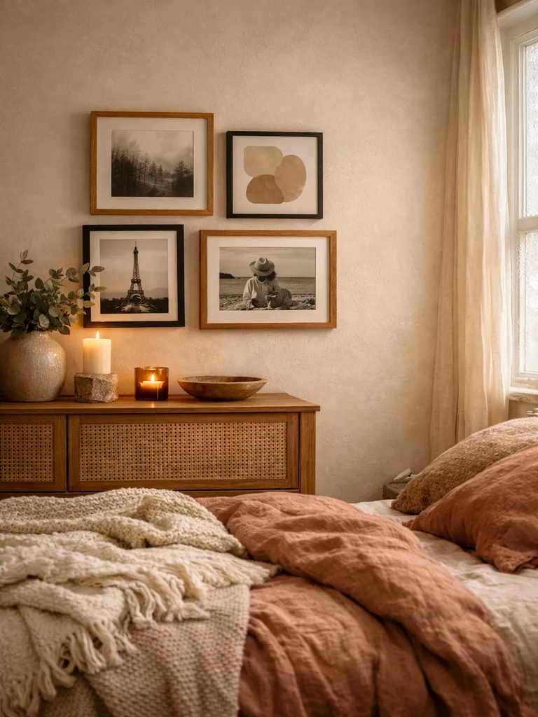 Gallery wall with framed photos, art prints, and personal mementos displayed on a bedroom wall above a small desk