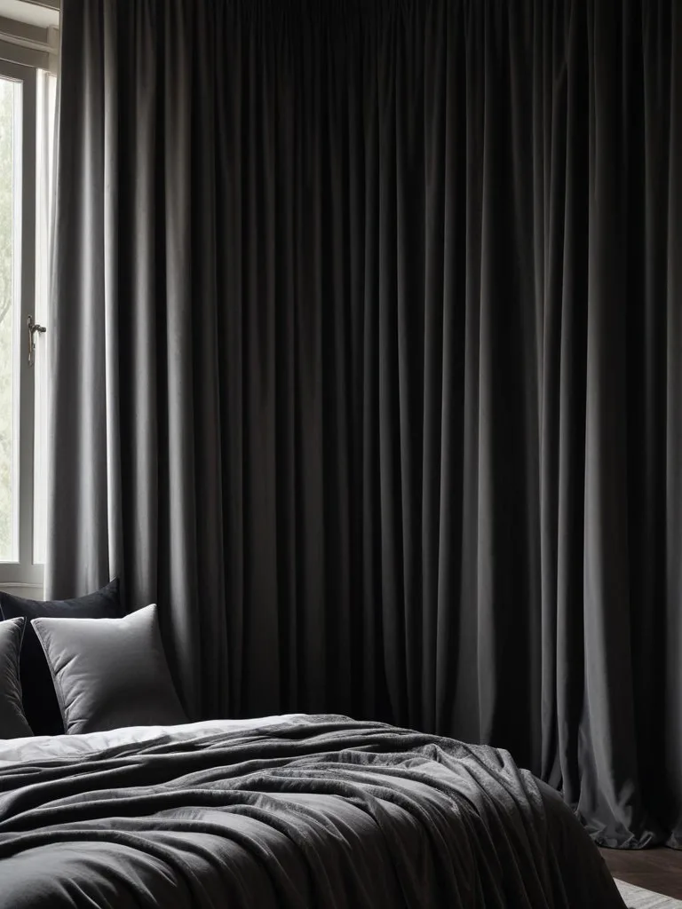 Cozy winter bedroom with heavy curtains draped over windows to block drafts