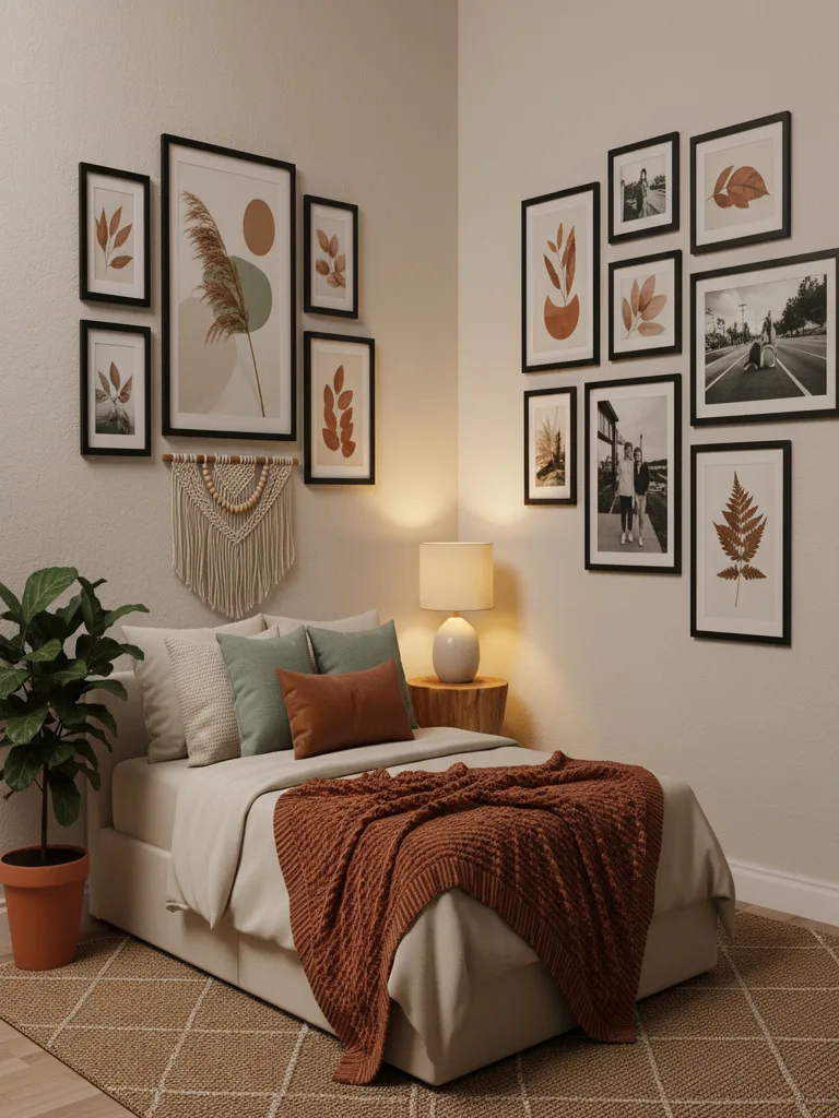 Gallery wall with framed artwork and photos arranged in corner with corner closet and bedroom furniture