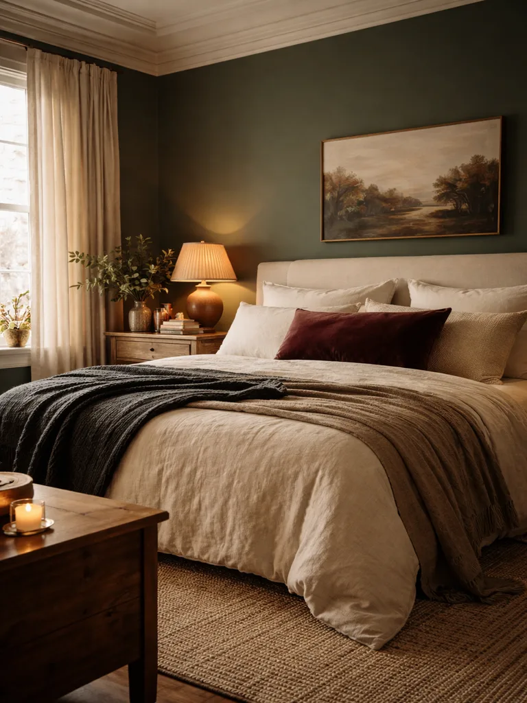 Cozy winter bedroom with rich, deep color palette featuring warm earth tones and layered textiles