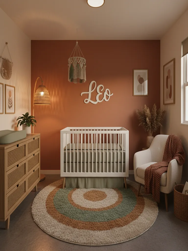 Wooden name sign hung above white crib with gray bedding in nursery corner