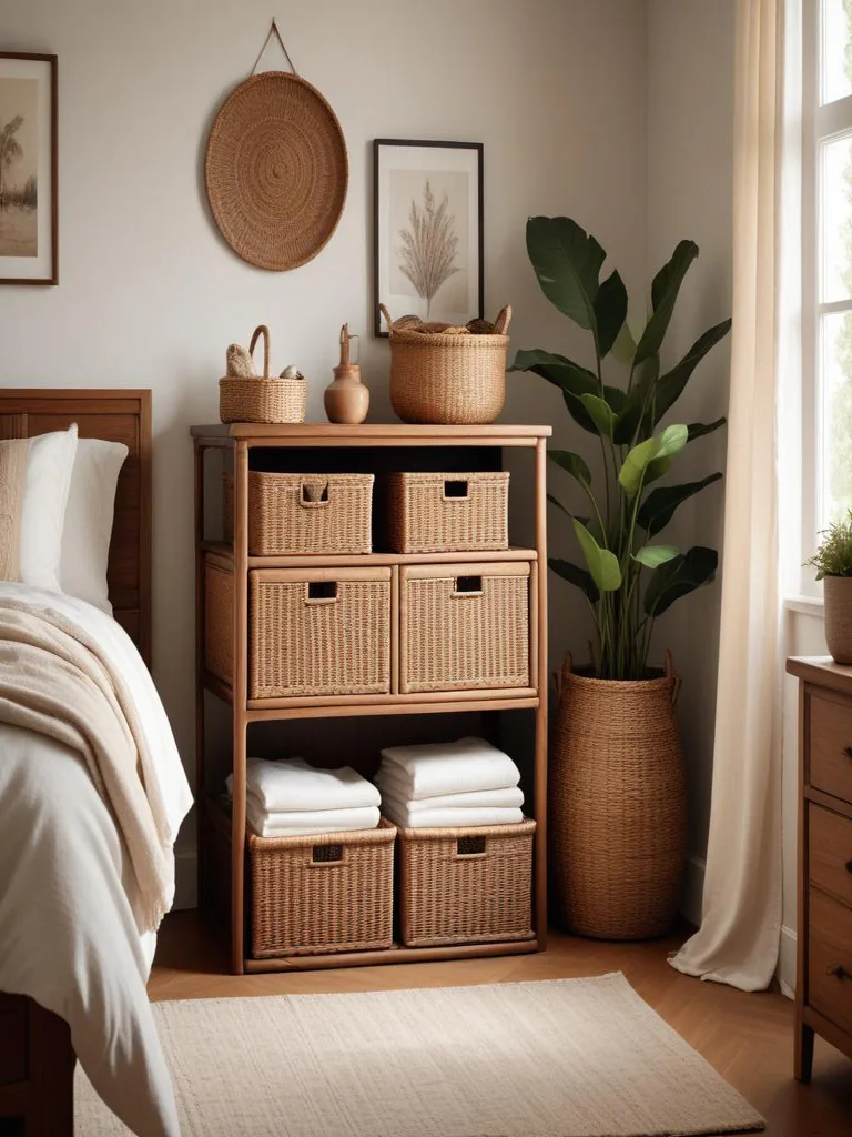 Woven baskets in earthy tones neatly arranged on rustic wooden shelves in cabin bedroom