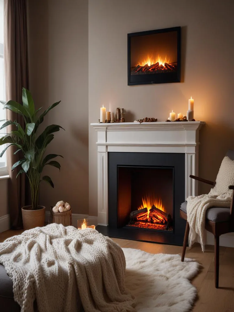 Cozy winter bedroom with faux fireplace and soft lighting for warmth