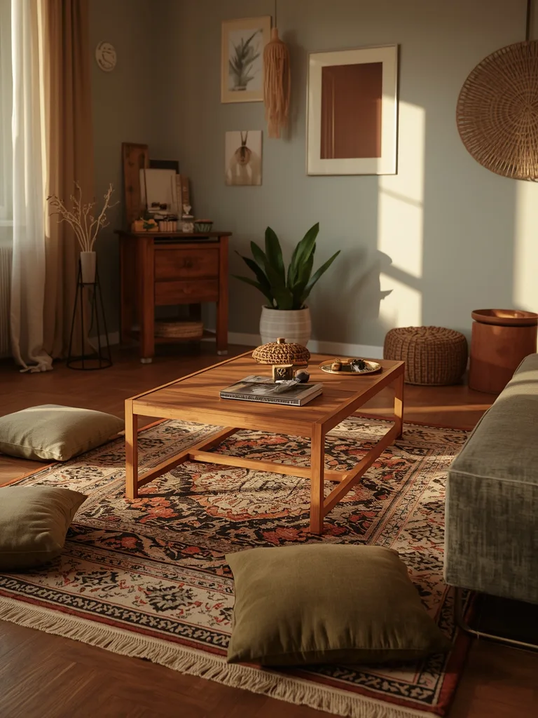 Layered rugs in earthy tones create textured flooring with woven poufs and low wooden table