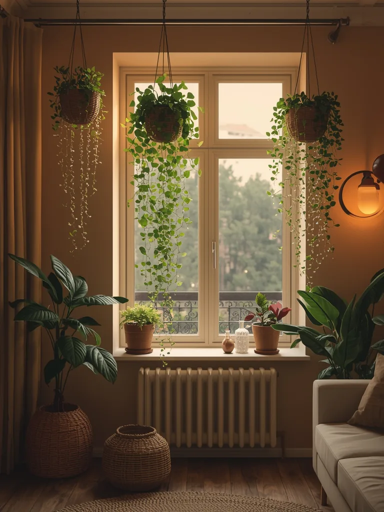 Macrame hanging planters with trailing vines and potted plants in a cozy boho living room corner