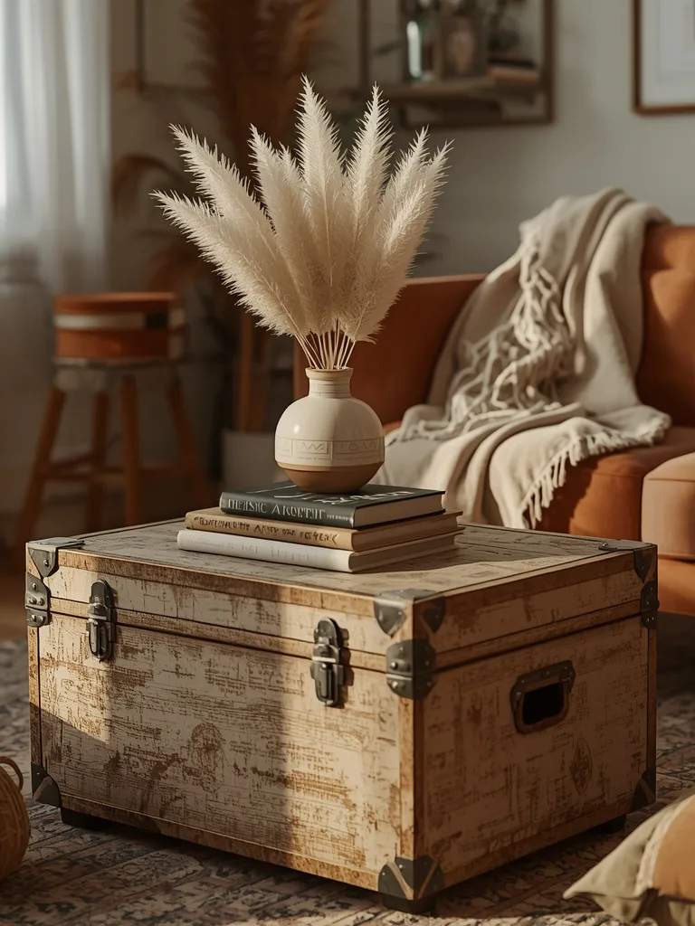Wooden vintage trunk coffee table with leather handles on colorful boho rug