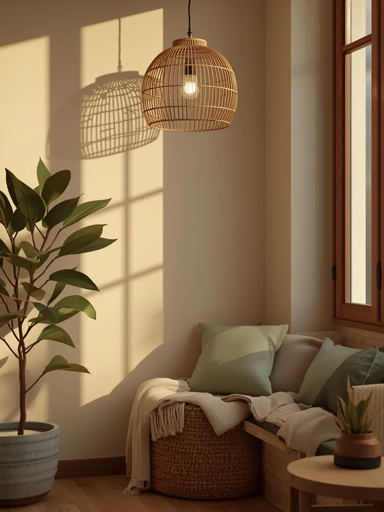 Layered woven pendant lights hang over a cozy boho living room with textured textiles